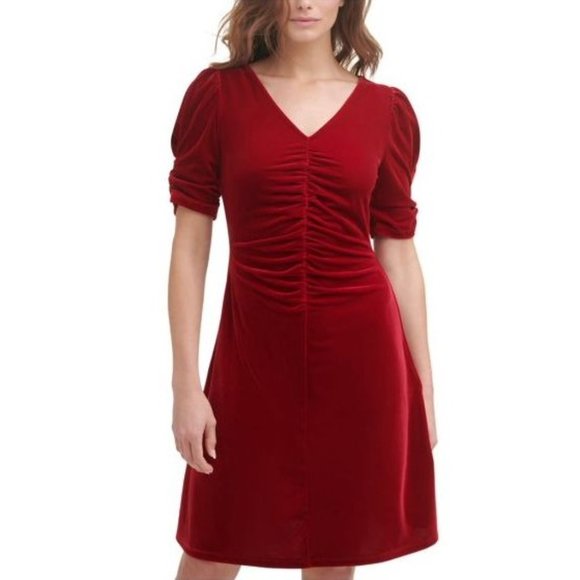 DKNY Womens Red Ruched Zippered Velvet Pouf Sleeve V Neck Dress 16 NWT - Picture 2 of 13